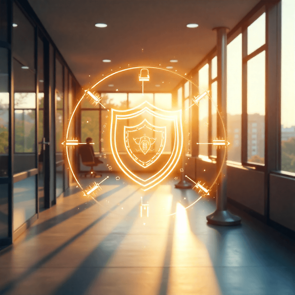 a shield in the hallway of an office building