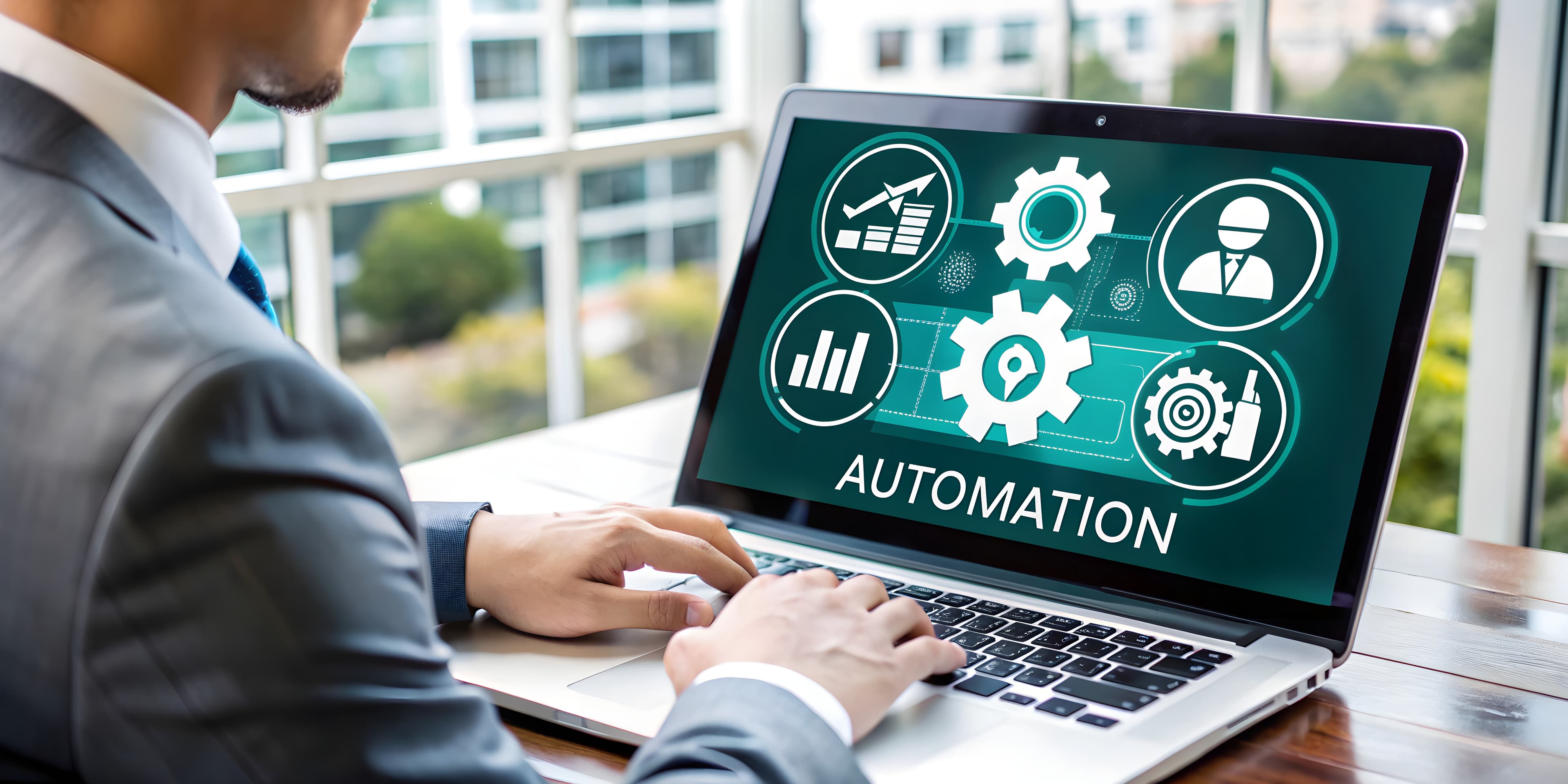 a man working on a laptop with automation icons on it