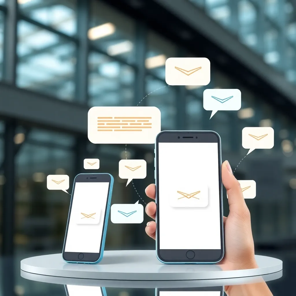 Diverse group of business professionals collaborating on a digital marketing strategy, with a city skyline in the background, symbolizing global reach and connectivity for bulk SMS campaigns.